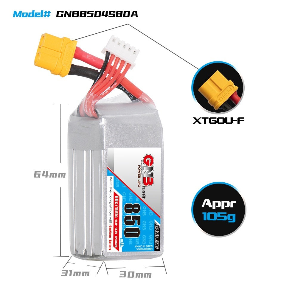 High Energy GNB 850mAh 4S 148V 80C Cross-plane Model FPV Lithium Battery